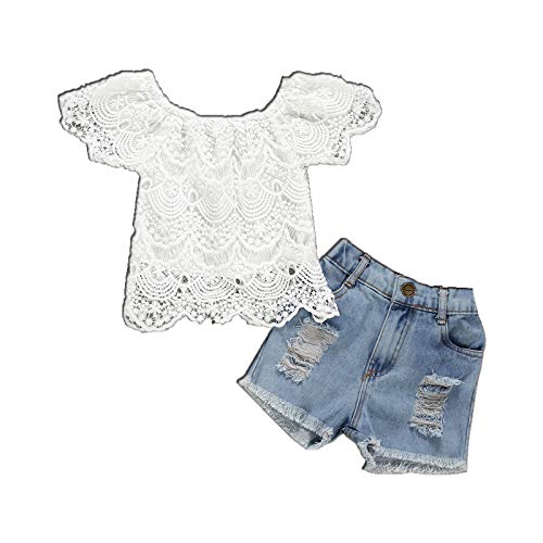 Baby Girls Clothes Lace Flowers Long Sleeve Romper Tops Blue Denim Pants 2pcs Kids Sets (White, 12-18 Months)