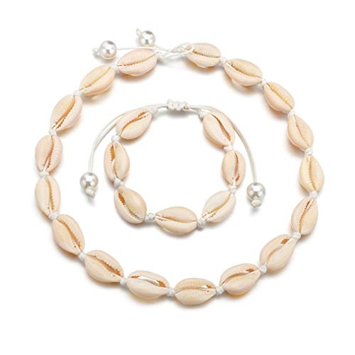 HENGSONG Cowrie Shell Choker Necklace for Women Seashell Strand Bracelets Summer Hawaiian Jewelry Set Beads White Chain