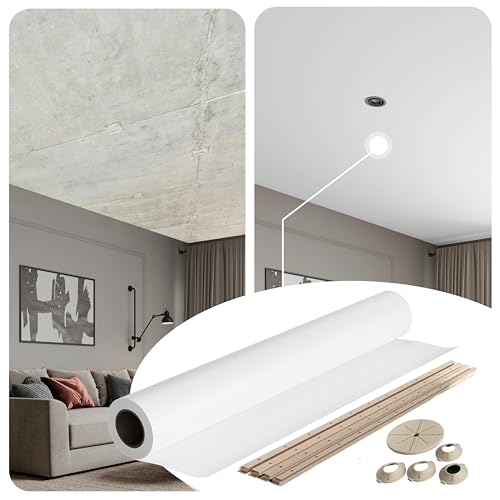 Ceiling Decor Film - White PVC Stretch Ceiling - Room Covering Kit, DIY Installation for Modern Сover Design Film Size to 10'6'' * 10'6''