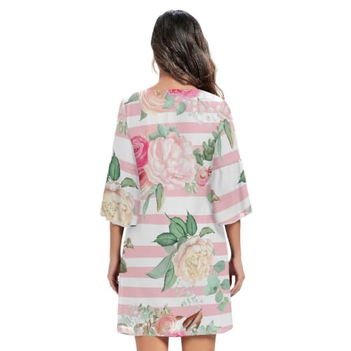 Robe occidentale rose et blanche imprimé rayures design évasé ligne A unique