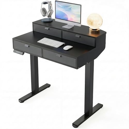 Image of HUANUO 32 X 20 inch Electric Standing Desk with 4 Drawers, Adjustable Height Sit Stand Home Office Desk, C-Clamp Mount Compatible, Ergonomic Stand up Desk with 4 Preset Heights, Black