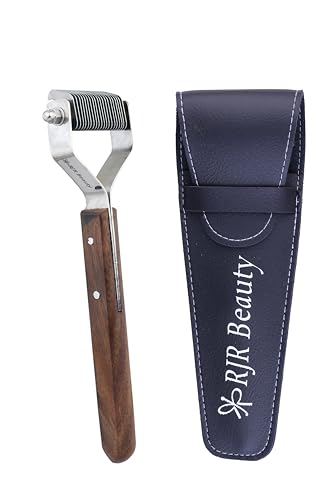 RJR 19 Teeth Dematting Undercoat Gooming Rake Stripping Tool, Hand Stripping Carding Tool for Dogs & Horses Grooming with Wooden Handle for Thick Coats