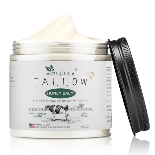 LOCYLEAF Beef Tallow for Skin, Organic Grass-Fed Beef Tallow Balm with Raw Honey, Natural Tallow Skin Care Cream Body Butter, Nourish and Soothe Dry Skin, Light Scent（4 Oz）