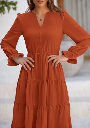 PRETTYGARDEN Long Sleeve Dress for Women 2025 Fall V Neck Tiered Aline Spring Elegant Modest Flowy Wedding Guest Maxi Dresses