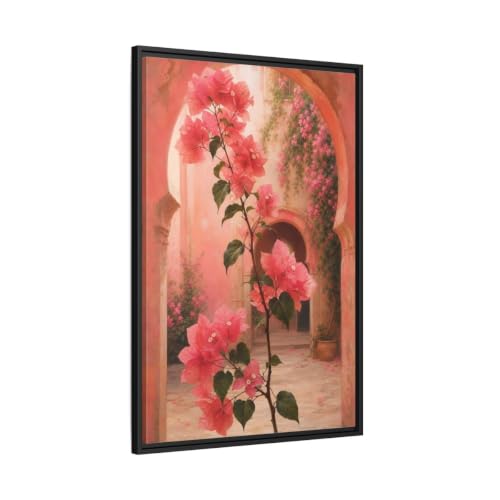 Tableau bougainvillier rose 60x90 cm encadré noir pour salon
