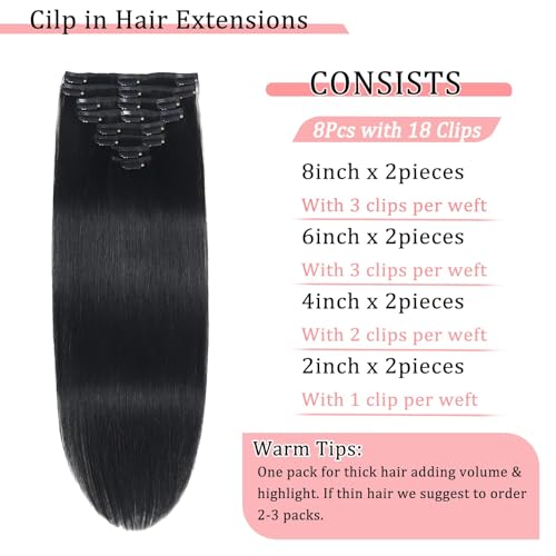 Clip in Hair Extensions Real Human Hair Clip in Extensions for Women Seamless Invisible Jet Black Natural Remy 100% Human Clips ins Extension 8pcs Double Weft 24 inch 4.2oz/120g