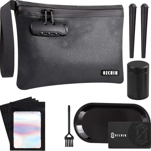 OZCHIN Smell Proof Bag with Combination Lock Certificate Organiser 10 X 7 Great Gift Sets Ideal Set PU Leather Lockable Travel Storage for Men Women Classic Daily Bag (Black Kit)