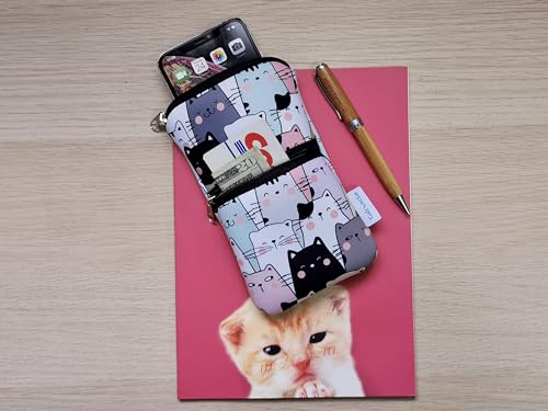 Image of Tainada 2-Zip Neck Phone Pocket Bag w /Belt Loop (Doodle Cats Style 1) | For Men /Women; Water-resistant neoprene pouch, shockproof, lightweight, w /carabiner; Compatible with most of smartphones