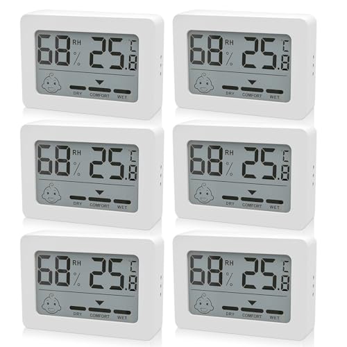 Digital Thermometer Hygrometer Innen - 6er Mini Luftfeuchtigkeitsmesser Raumthermometer Innen mit Smiley-Indikator, Temperatur und Zimmerthermometer...