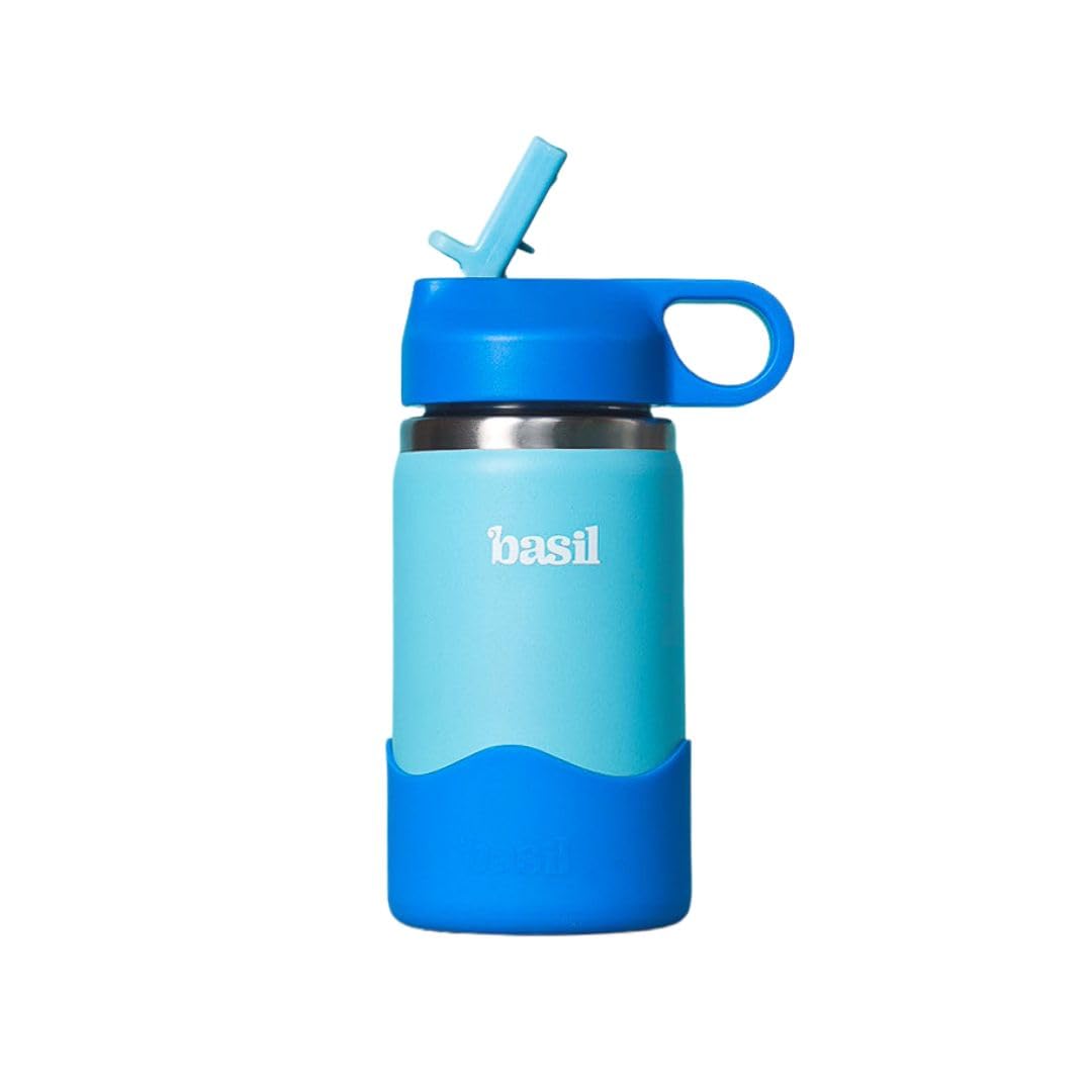 Basil HydraPop Stainless Steel Insulated Kids Water Bottle for School, 380ml Leakproof Bottle with Straw, Double Wall Vacuum Thermosteel Bottle for School, Sports, Travel & Outdoor Use | Glacier
