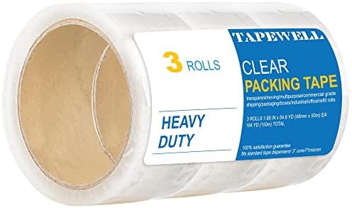 Tapewell Shipping Tape Rolls - Clear Packing Tape 1.88 Inch Wide - Box Tape for Moving - Packing Tape Refills for Dispenser - 3 Pack Clear Tape Rolls