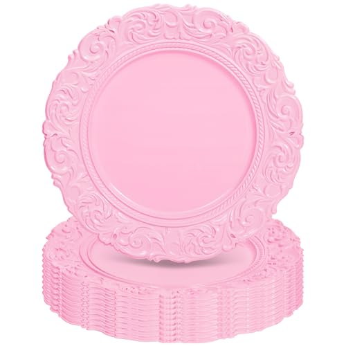 Tomeurperf Pink Charger Plates Bulk 10Pcs - 13 Pink Chargers for Dinner Plates Floral Embossed Decorative Charger Plate for Wedding & Event Kitchen Party Decoration