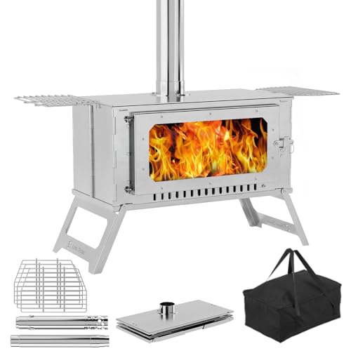 STMHOM Estufa portátil para tienda de campaña, estufa de leña para camping, estufa de tienda de campaña con vidrio de visión, estufa grande de acero inoxidable con 5 tubos de chimenea y 3 estantes