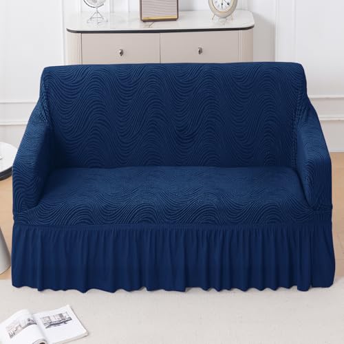 Image of HOKIPO 240 GSM Premium Jacquard Sofa Cover 2 Seater Fully Covered, 'Serene Wave Series' Navy Blue (AR-6353-NBL)