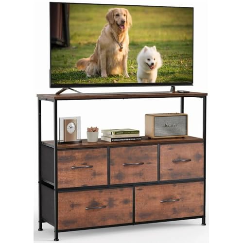 With 5 Fabric Drawers And Adjustable Feet, Suitable For Bedrooms, In A Vintage Brown Color.