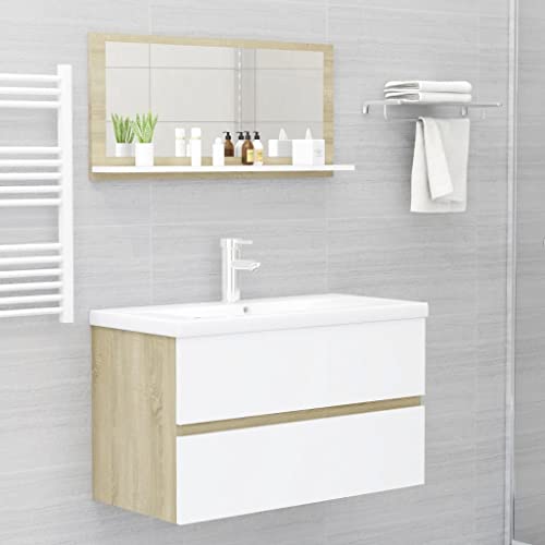 Vidaxl Bathroom Mirror Home Hallway Bedroom Laundry Room Washroom Wall Mirror Furniture White And Sonoma Oak 31.5"X4.1"X14.6" Engineered Wood #TOP5
