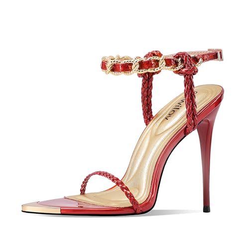 Ouwilov Red Strappy Stiletto Heels for Women – Sexy Ankle Strap Open Toe High Heel Sandals Elegant Dress Shoes for Wedding Party Date Night and Evening Events