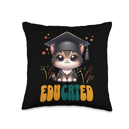 Educated Kitten Cat Graduation Cap Funny Grad Throw Pillow