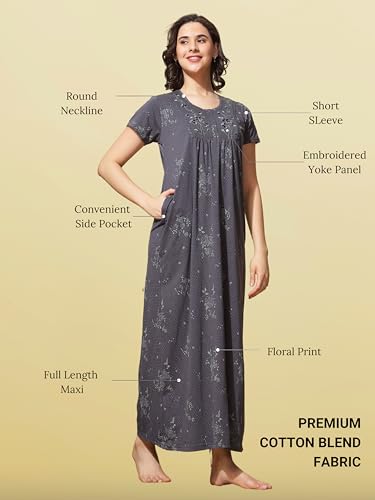 Image of 9shines Label Stylish Cotton Blend Embroidered Maxi Nightdress for Women with Pocket| Full Length Nightwear| Premium Nightdress| Comfortable Nightwear(5256)