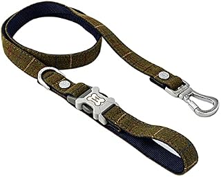 HUGO & HUDSON Tweed Dog Lead with Padded Handle - Adjustable Training Leash with Quick Release Clip & Stainless Steel Hook - 120 x 2.5cm Green Checked