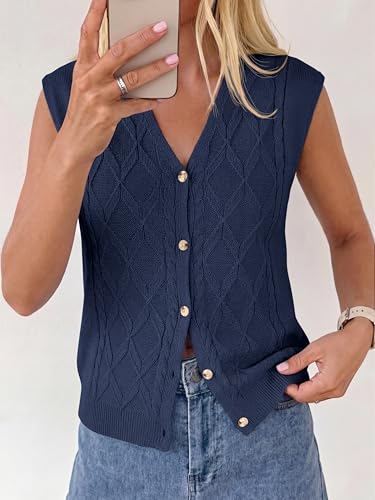 BTFBM Vest Tops for Women Summer V Neck Button Loose Lightweight Cardigan Knit Cap Sleeve Sweater Vests Fashion Clothing(Navy Blue, XX-Large) — view 2