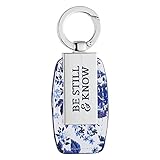 Christian Art Gifts Blue Floral Faux Leather Keychain | Be Still & Know Psalm 46:10 Bible Verse | Faith Keychain for Women w/Gift Tin