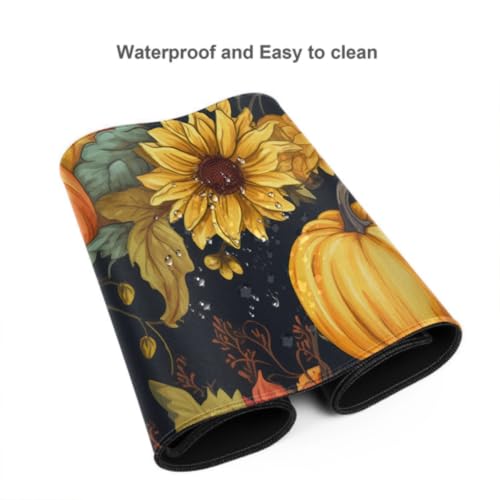 Image of Fall Pumpkin Sunflower Mouse Pad 35.4x15.7 XXL Watercolor Autumn Leaf Floral Extended Mousepad Large Keyboard Mouse Mat Desk Pad with Non-Slip Rubber Base Stitched Edges for Home Office Game
