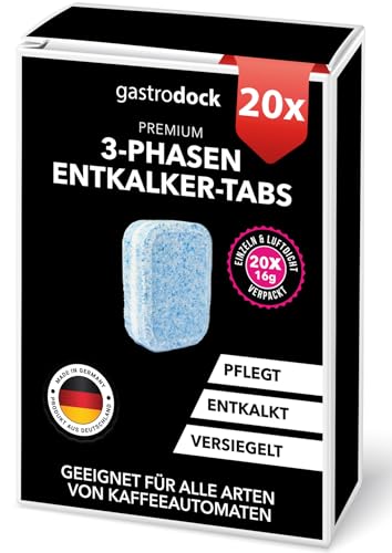 Pastillas descalcificadoras trifásicas para cafeteras automáticas y cafeteras automáticas (20 unidades) fabricadas en Alemania, compatibles con Siemens EQ Series, Jura, Krups, Bosch, Miele, Melitta