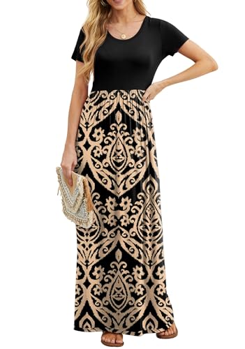 GRECERELLE Women Summer Crew Neck Casual Short Sleeve Solid Floral Print Long Maxi Dress with Pockets3