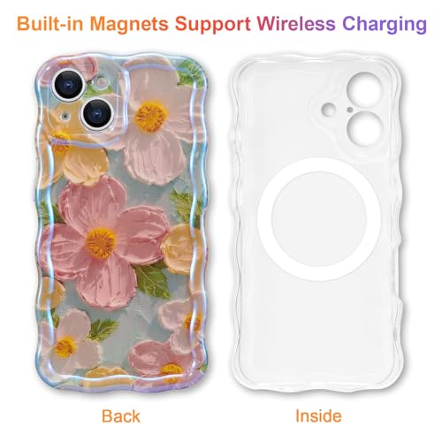 Coque iPhone 15 Plus compatible MagSafe en TPU vert ondulé motif fleur