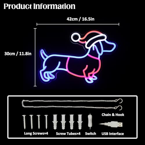 Image of Dachshund Neon Sign with Christmas Hat Weiner Dog LED Light for Party Decor