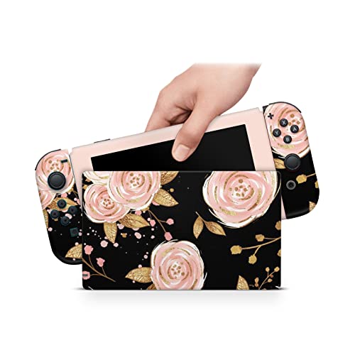 ZOOMHITSKINS Compatible with Nintendo Switch Skin Cover Soft Gold Flowers Rose Golden Black Leaves Pink Coral Pastel CLassic Vintage 3M Vinyl Decal Sticker Wrap, Made in the USA