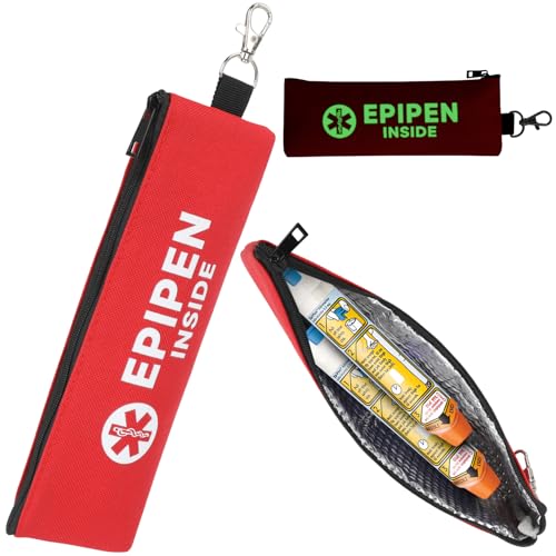 SUNMON EpiPen Carry Case Red Glow in The Dark Label Epipen Holder Bag with Carabiner Adrenaline Auto-Injector Holder with Thermal Foil Lining (1-Pack Red)