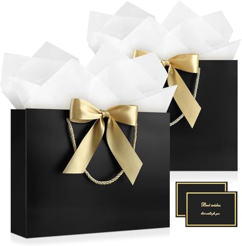 Image of JMANNI Gift Bags with Handles, 13 inch Medium Gift Bag for Presents, 2 Pcs Bags with 4 Tissue Paper and 2 Cards for Baby Shower Wedding Bridal Shower Mother's Day Birthday Party (Black)