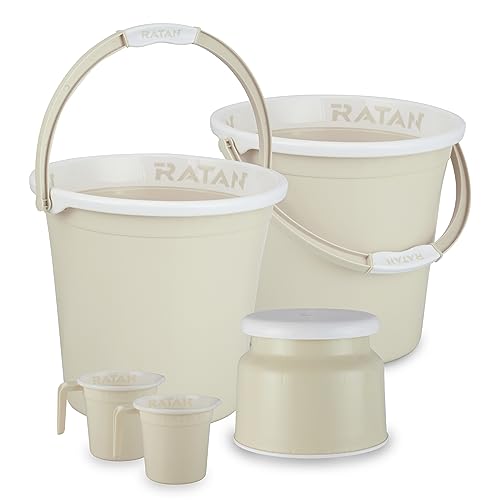 Image of RATAN PLASTICWARE Plastic Bathroom Set of 5 Pieces Combo Pack Gloria Plain 18 Liters 2 Pieces Bucket + Nova Stool Patla 107 + Two Gloria Plain Bath Mug 1 Liter Color Twist Beige