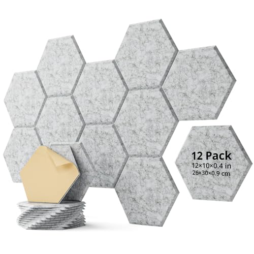 12 Pack Acoustic Panels Sound Absorbing, Self Adhesive Sound Proof Panels, Hexagon High Density Sound Deadening Panels, 12"X10"X0.4" Wall Decor for Bedroom,Home,Studio,Office(Gray)