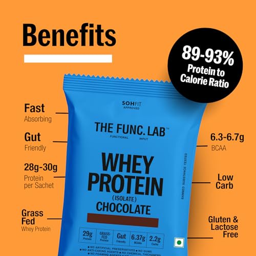 Image of The Func. Lab Whey Protein Isolate - Assorted Flavour Travel Packs | 6 Sachets (35g each) | Grass‑Fed, 29-30g Protein per Scoop | High Protein Supplement with Digestive Enzymes for better Absorption