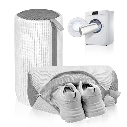2PCS Shoe Washing Bags for Washer and Dryer, Reusable Sneaker Laundry Bags with Self-Locking Zipper, 360° Deep Cleaning, Protect Shoes & Washer Drum, Fits All Shoe Types - White