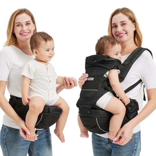 Sageky 2-in-1 Baby Carrier with Hip Seat | 6 Adjustable Carrying Positions | M-Shape Hip Support Design | Breathable & Lightweight Build (Black)