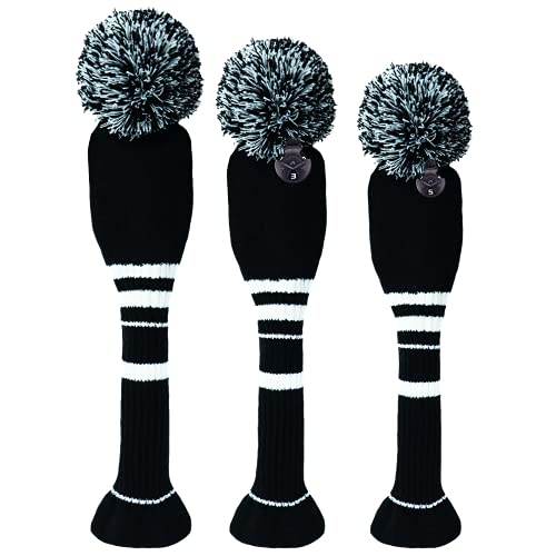 Amy Sport Golf Head Covers Knitted Woods Driver Fairway Hybrid Pom Cover Blue Pink Black Washable Soft Kint Headcover 1 3 4 5 For Men Women Kids Sold In Separate (Black&White Stripes, #3 Fairway) #TOP4