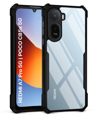 Image of NSTAR Shock Proof Clear Protective Back Case for Redmi A7 Pro 5G | Poco C85x 5G Acrylic Crystal Clear 360 Degree Protection- (PC & TPU, Black Bumper)