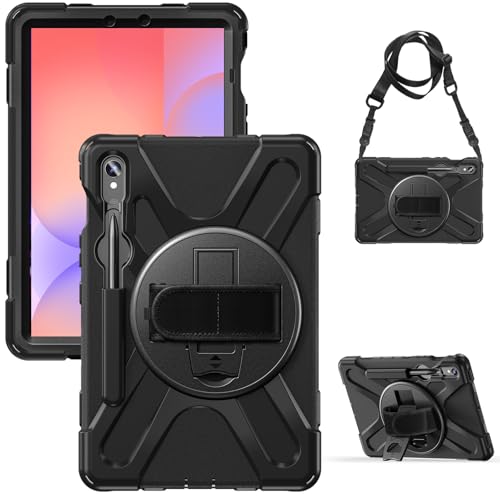 Gerutek Funda Anticaída para Samsung Galaxy Tab S10 Lite 10.9 Pulgadas/Tab S10 FE/Tab S9 FE/S9 11' (2025/2023), Carcasa Rugosa con Soporte 360° Giratorio, Correa de Mano/Hombro, Portalápices, Negro
