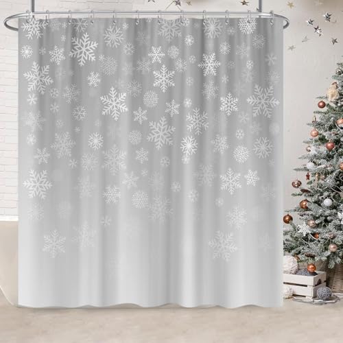 Christmas Shower Curtain Winter Snowflakes Shower Curtain for Bathroom Holiday Winter Grey Bathroom Decor Rustic Vintage Merry Xmas Bathtub Curtains Polyester Fabric Durable 72"X84" Hook Included