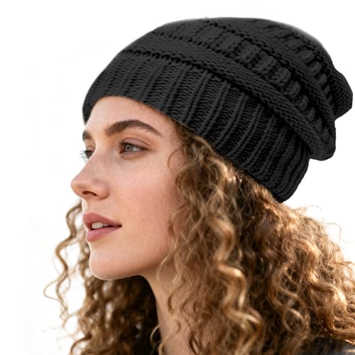 Jsdoin Women's Beanie Hat, Warm, Winter-Wear with Soft Inner Lining Mütze Damen with Protective Cover, it Won't harm Hair Strickmützen-Black