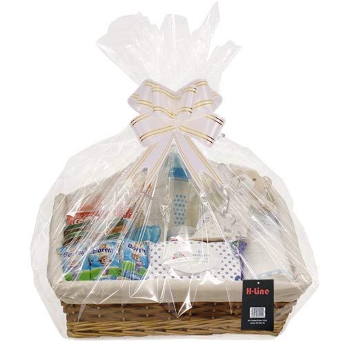 H-LINE MEDIUM Make Create Your Own Gift Hamper Kit - Natural Wicker Storage Basket Cellophane Wood Shred Bow Set - Ideal for Christmas Easter Christening Wedding Baby Shower or Birthday Gift