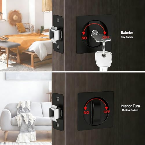 Cerradura de bolsillo con llave y manija para puerta corrediza, pomo empotrado, respaldo de 2-3/8 pulgadas, para puertas interiores de 1-3/8 a 2-3/16 pulgadas (Negro mate, 1 unidad) miniatura 2
