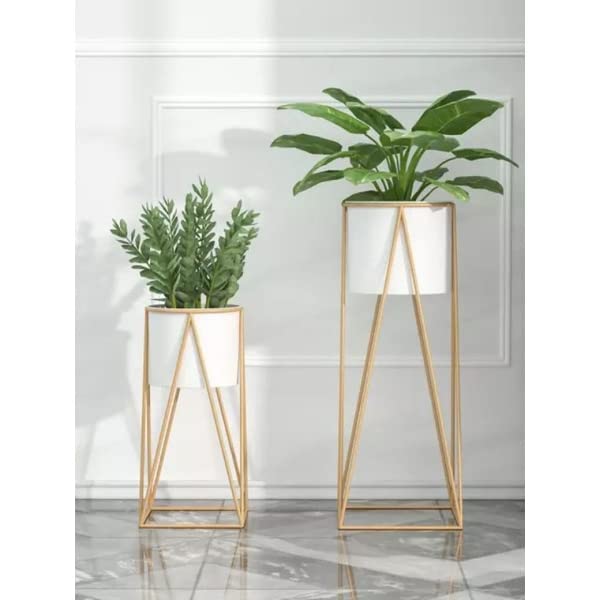 Image of AMASS HANDICRAFTS Planters for Indoor Plants Metal Planters with Stands & Indoor Plant Pots for Indoor Plants & Mid Century Plant Stands with Pots & Plant Pots Indoor Planter Set of 2 (White)
