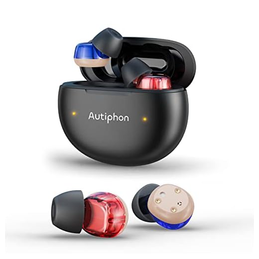 Autiphon Advanced Rechargeable Digital Hearing Aids for Seniors Adults with Noise Cancelling, Mini CIC Hearing Devices with Charging Case for 100 hrs Back-up Power, Red & Blue, Pair