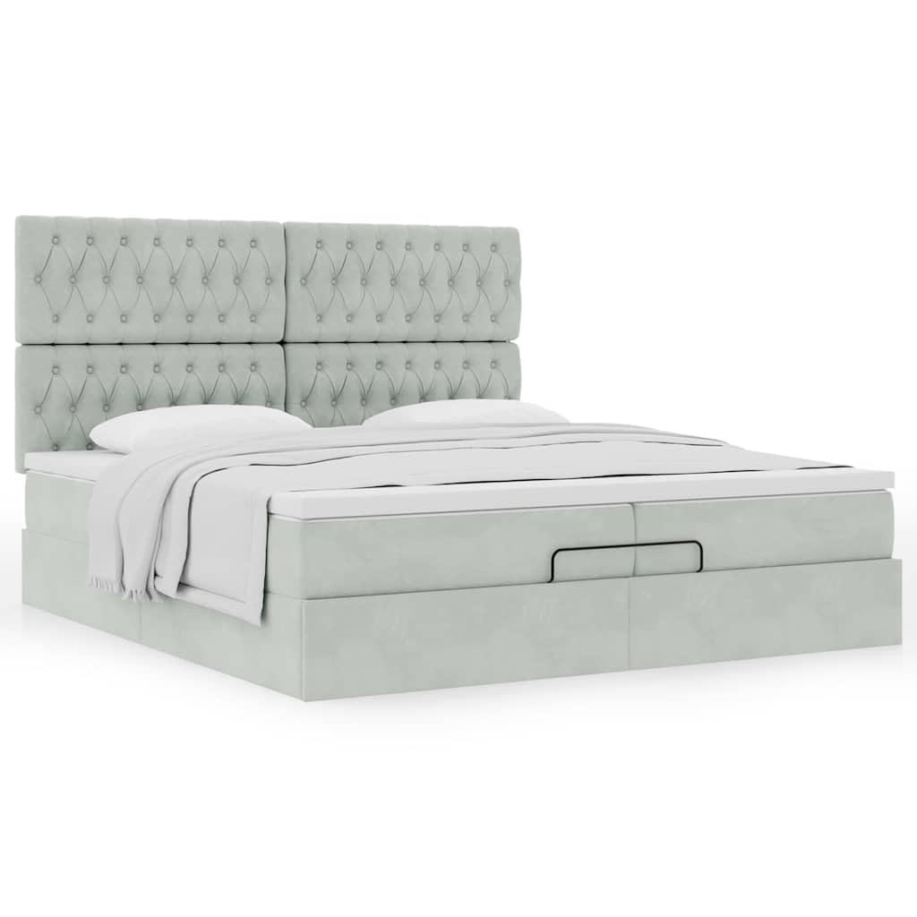 Ottoman-Bett mit Matratzen, Hellgrau 200x200 cm, Samt, Stauraum, Taschenfederkern, Schlafzimmer Möbel, Platform Bett