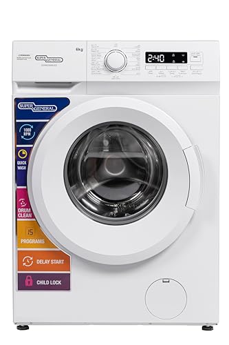 Super General 6 Kg Front Load Washing Machine SGW6250NLED, 1000 RPM, 15 Wash Programs, Quick Wash, Drum Clean, Delay Start, Child Lock, LED Display, 59.5 W x 40 D x 85 H cm, White